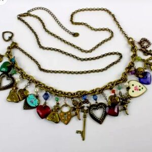 Vintage 22 Hearts, & Cupid Charm Necklace 36” Long